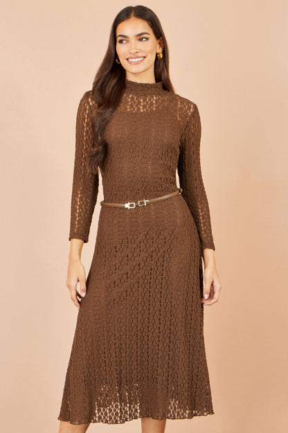Yumi Brown High Neck Lace Midi Dress with Removable Belt