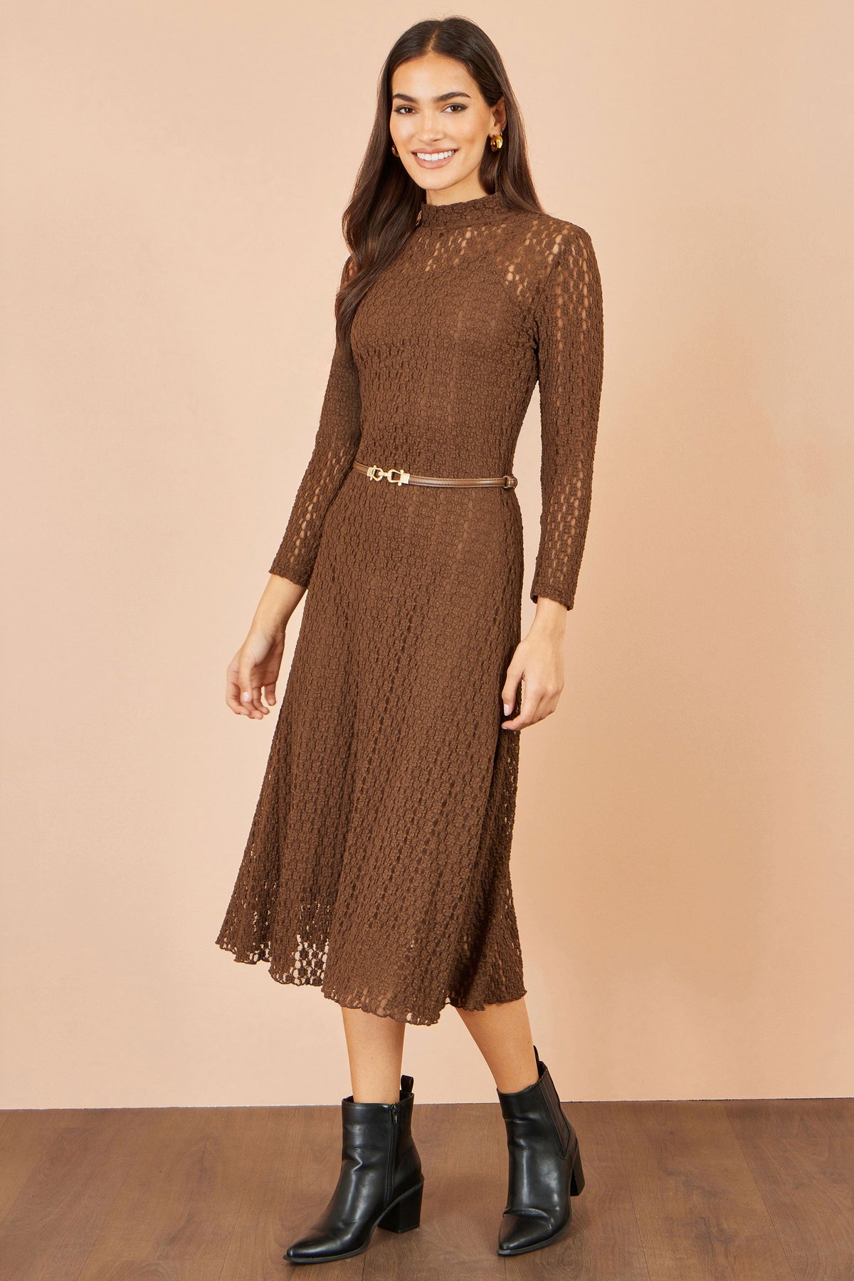Yumi Brown High Neck Lace Midi Dress with Removable Belt