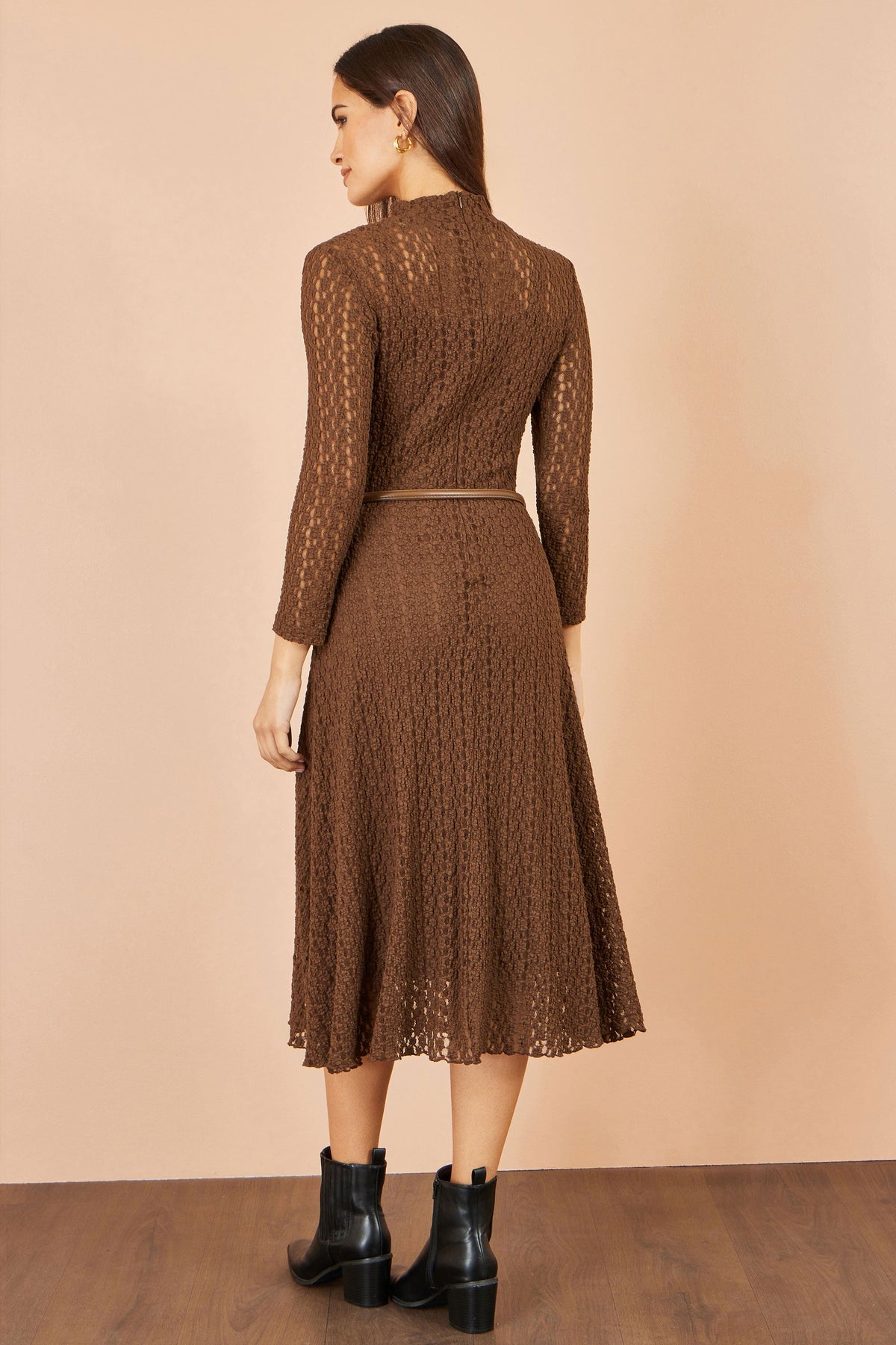 Yumi Brown High Neck Lace Midi Dress with Removable Belt