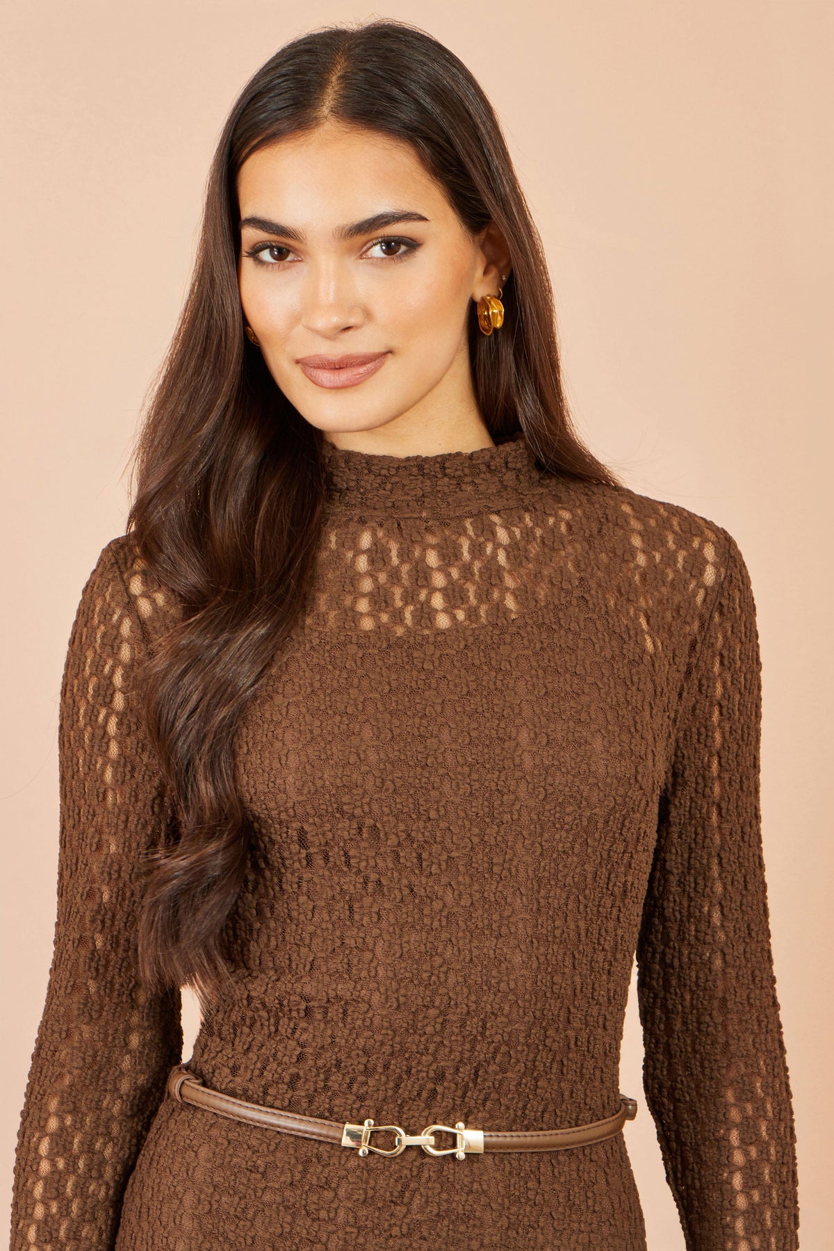 Yumi Brown High Neck Lace Midi Dress with Removable Belt