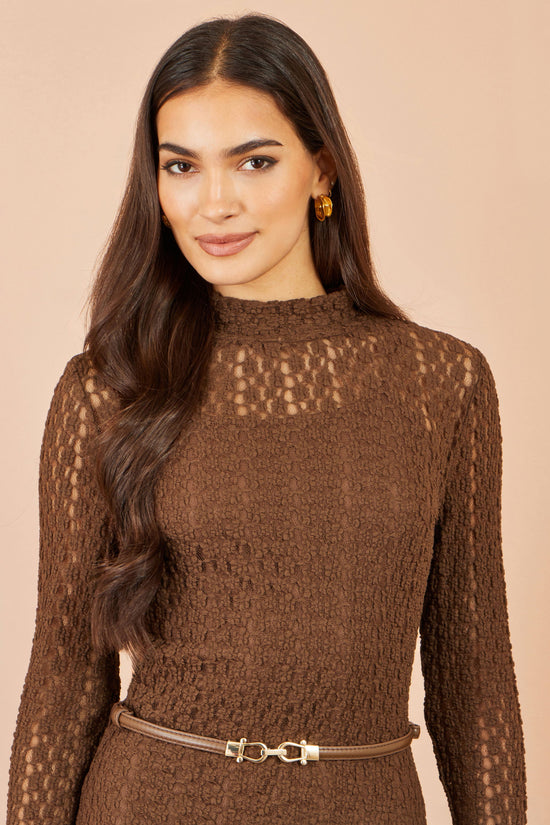 Yumi Women's Brown High Neck Lace Midi Dress with Removable Belt