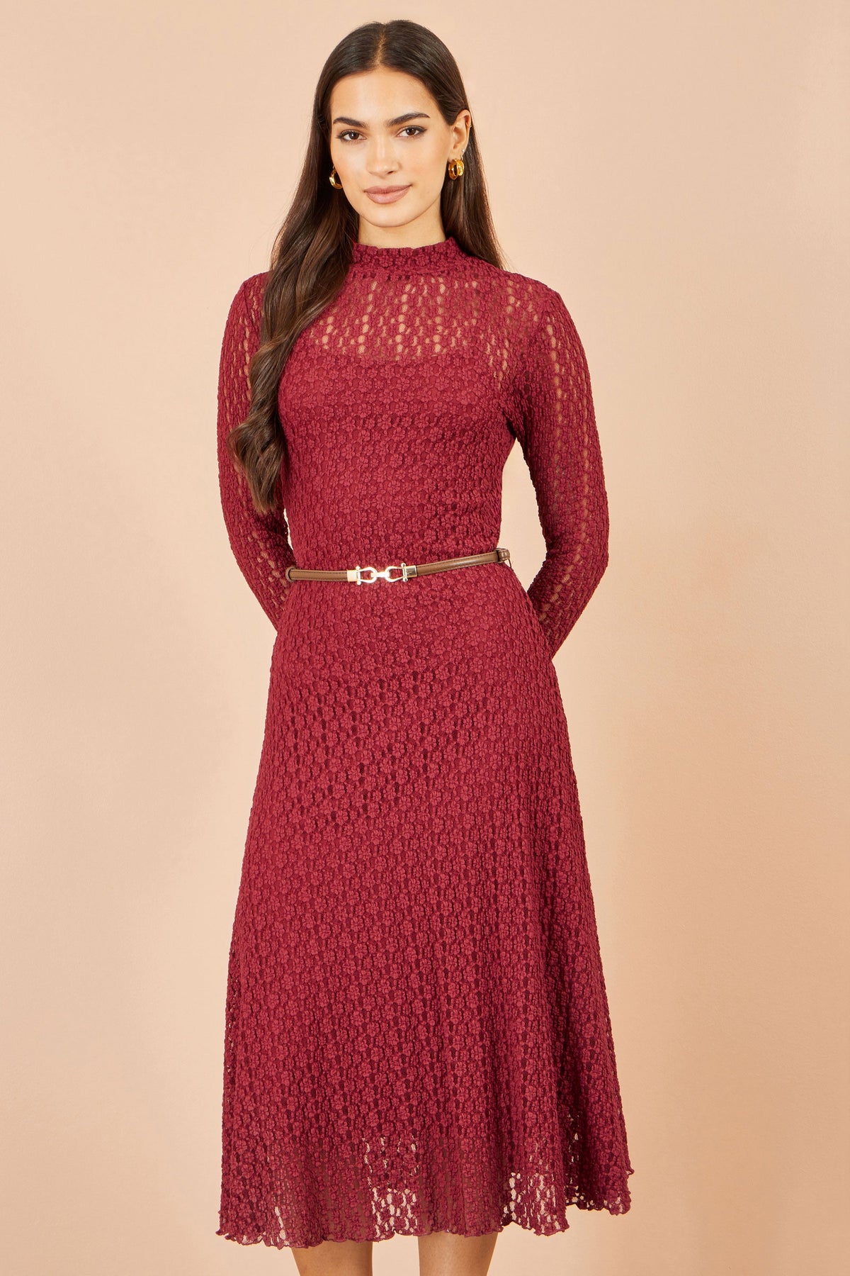 Yumi Women’s Burgundy High Neck Long Sleeve Lace Midi Dress with Waist Belt