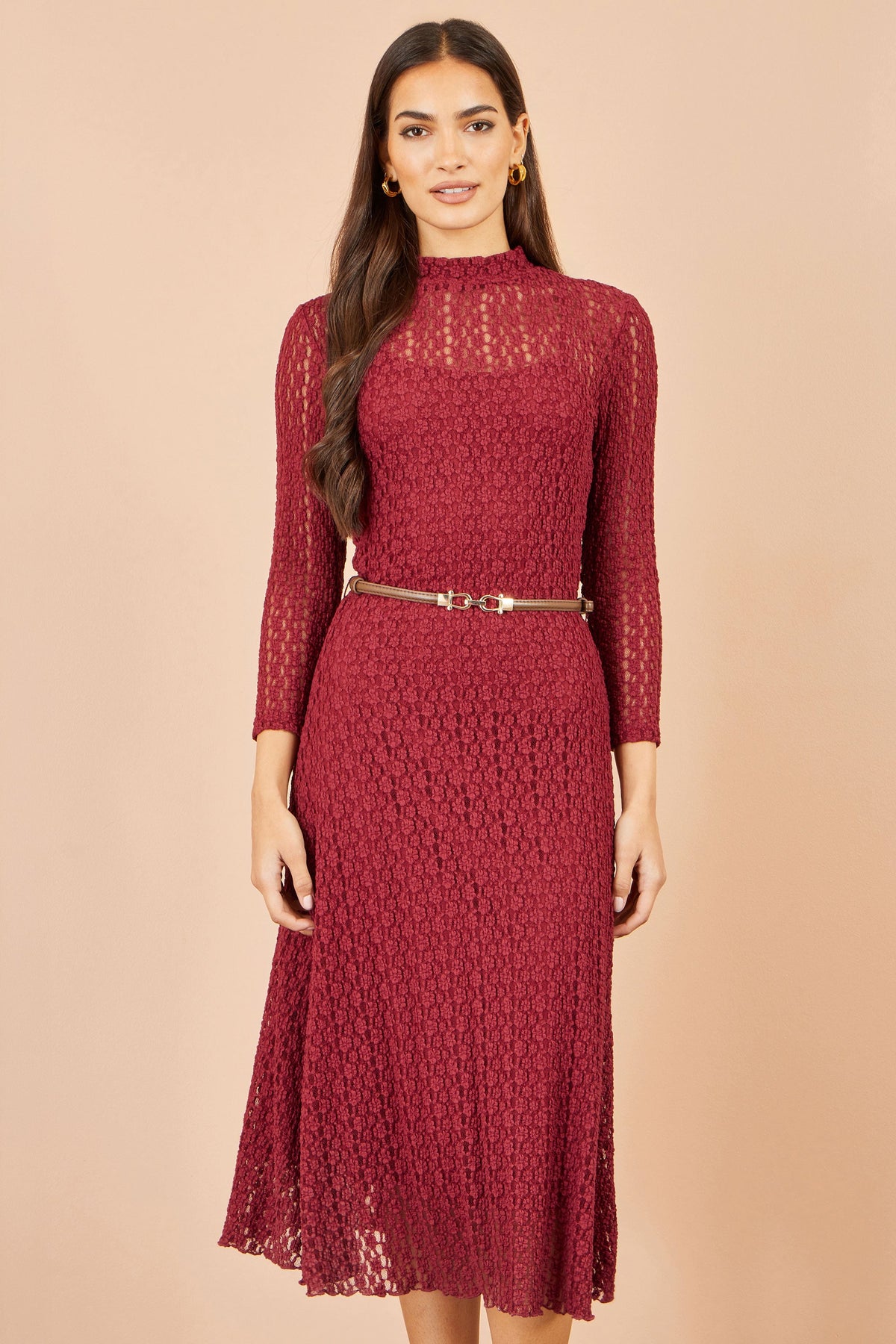 Yumi Women’s Burgundy High Neck Long Sleeve Lace Midi Dress with Waist Belt