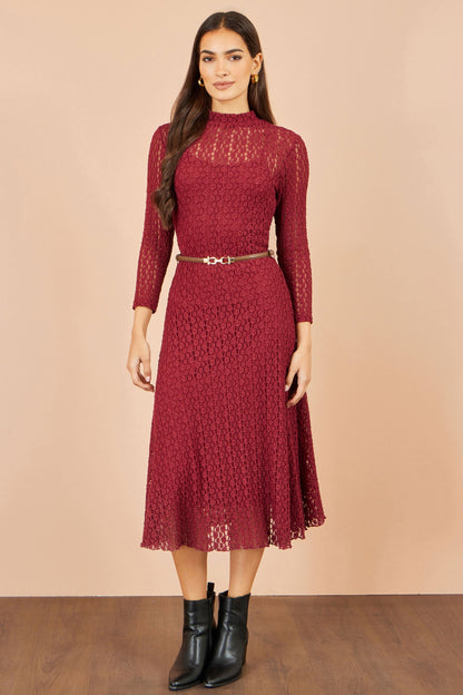 Yumi Women’s Burgundy High Neck Long Sleeve Lace Midi Dress with Waist Belt