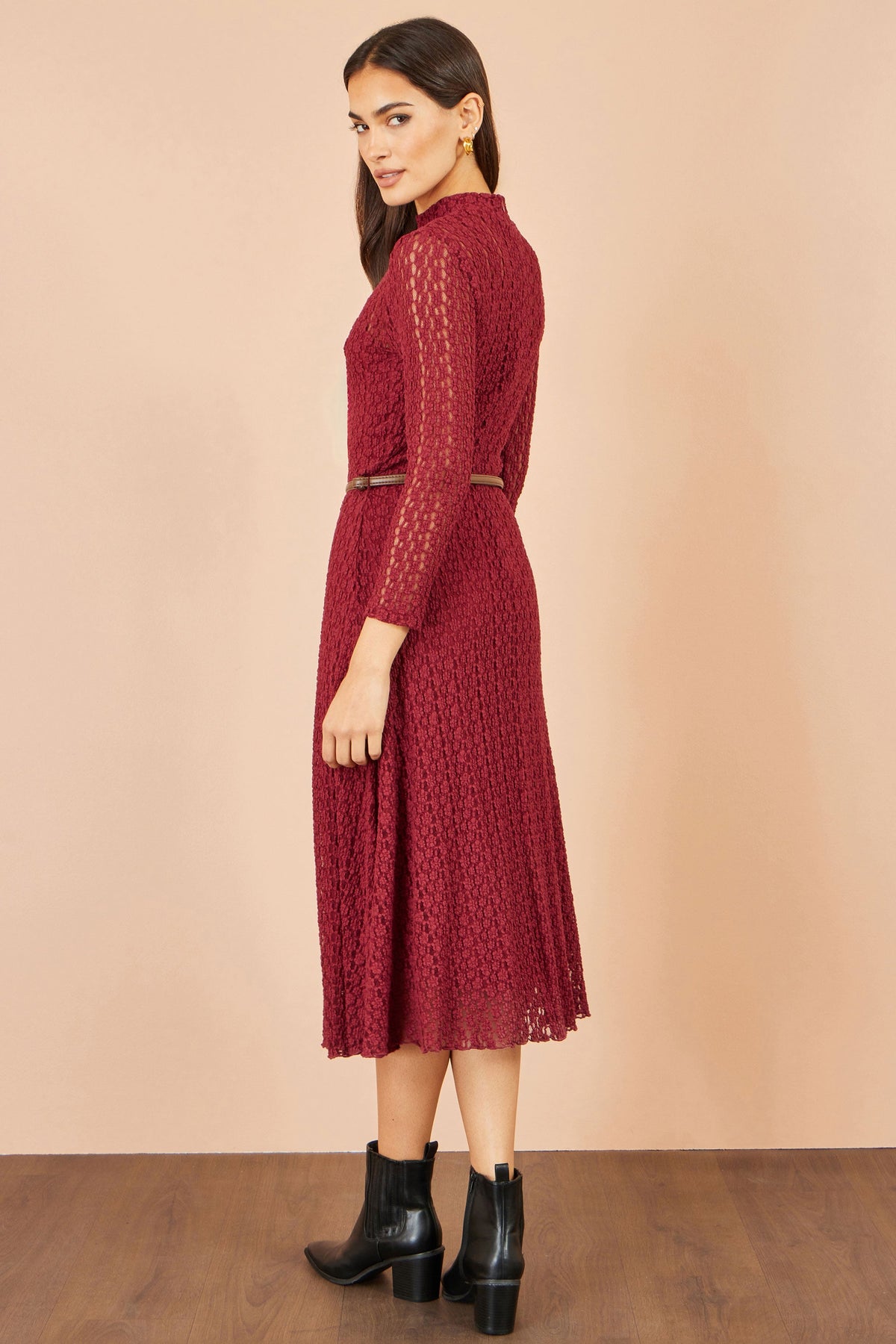 Yumi Women’s Burgundy High Neck Long Sleeve Lace Midi Dress with Waist Belt