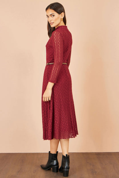 Yumi Women’s Burgundy High Neck Long Sleeve Lace Midi Dress with Waist Belt