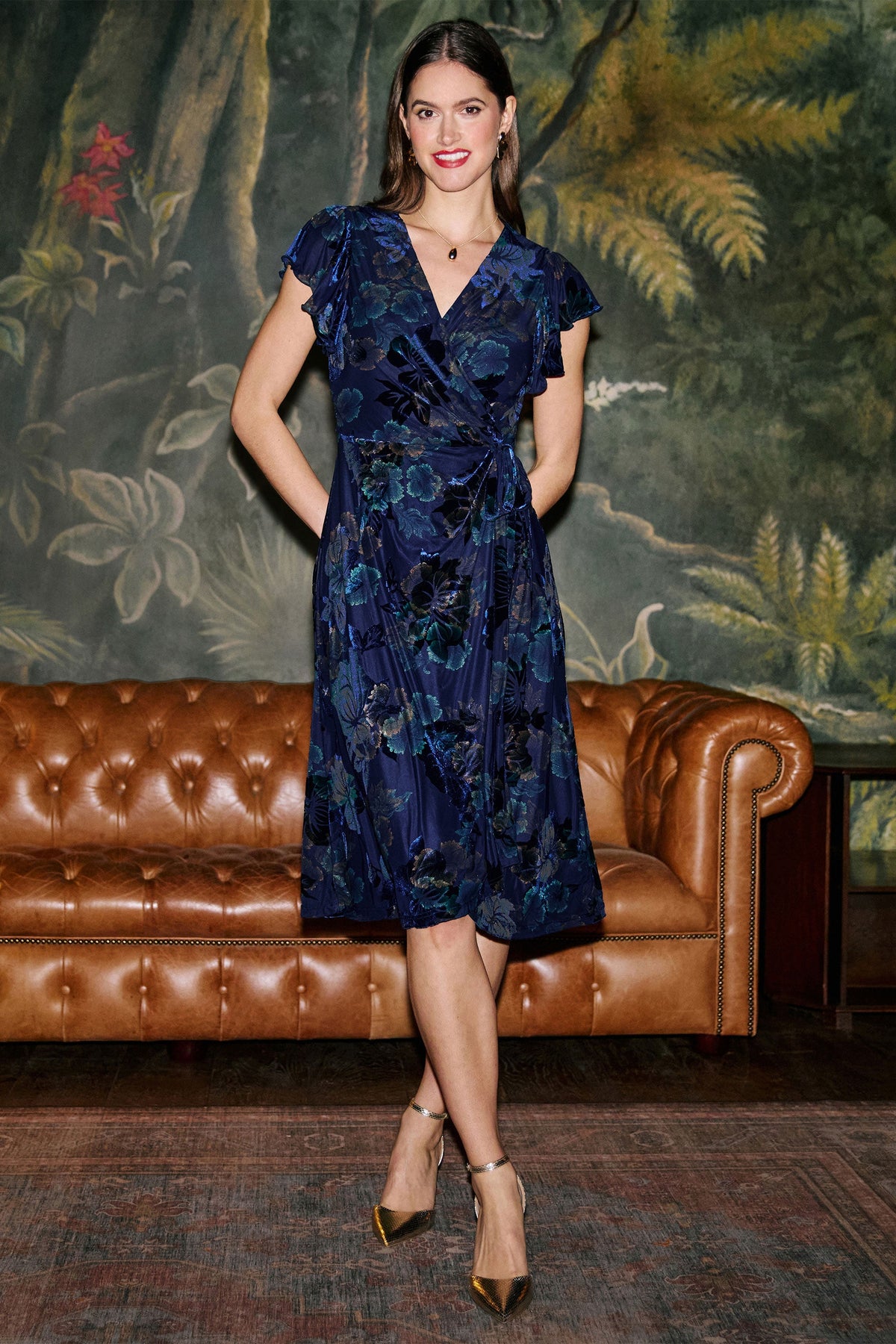 Yumi Women’s Blue Velvet Floral Wrap Midi Dress Featuring Flutter Sleeves