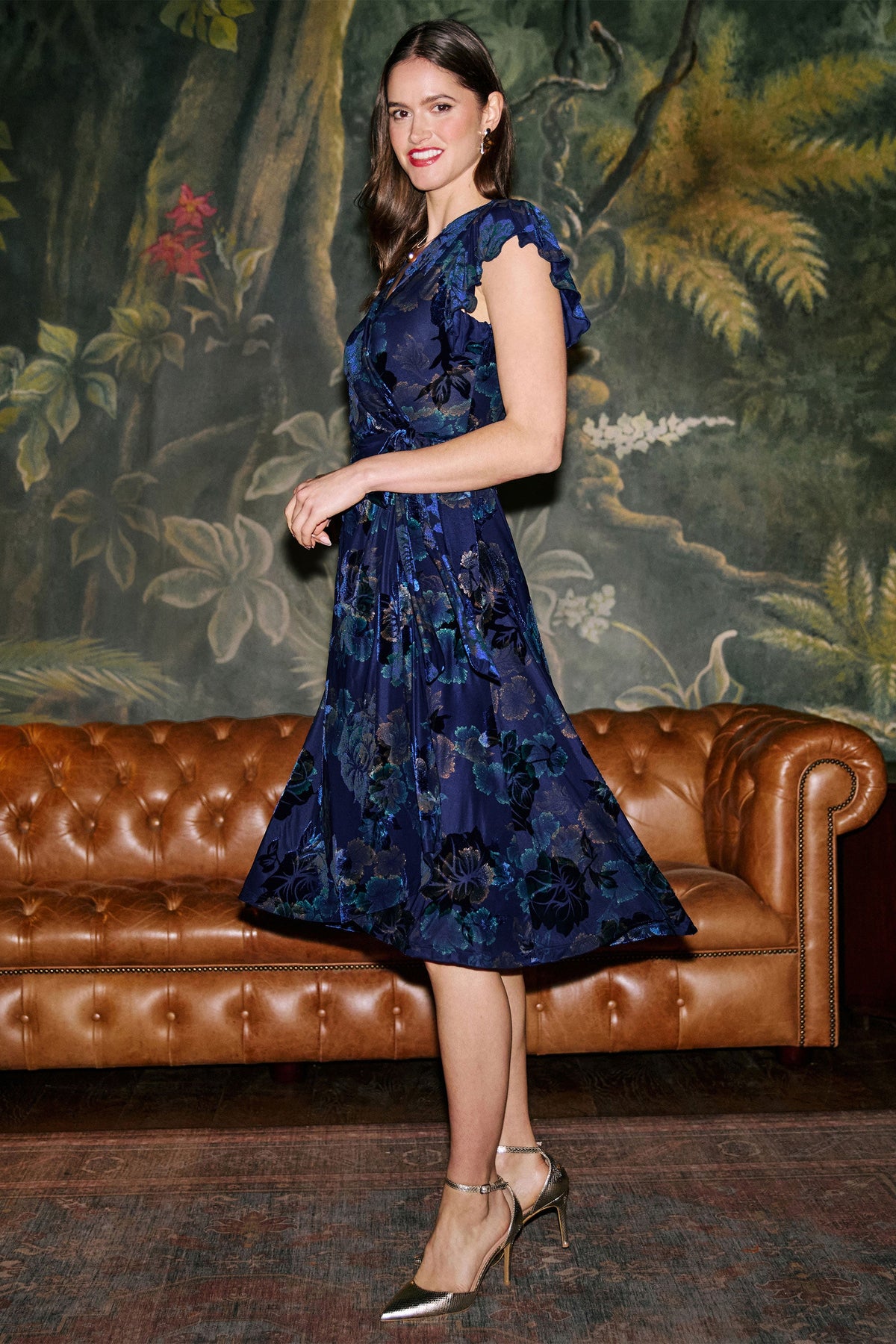 Yumi Women’s Blue Velvet Floral Wrap Midi Dress Featuring Flutter Sleeves