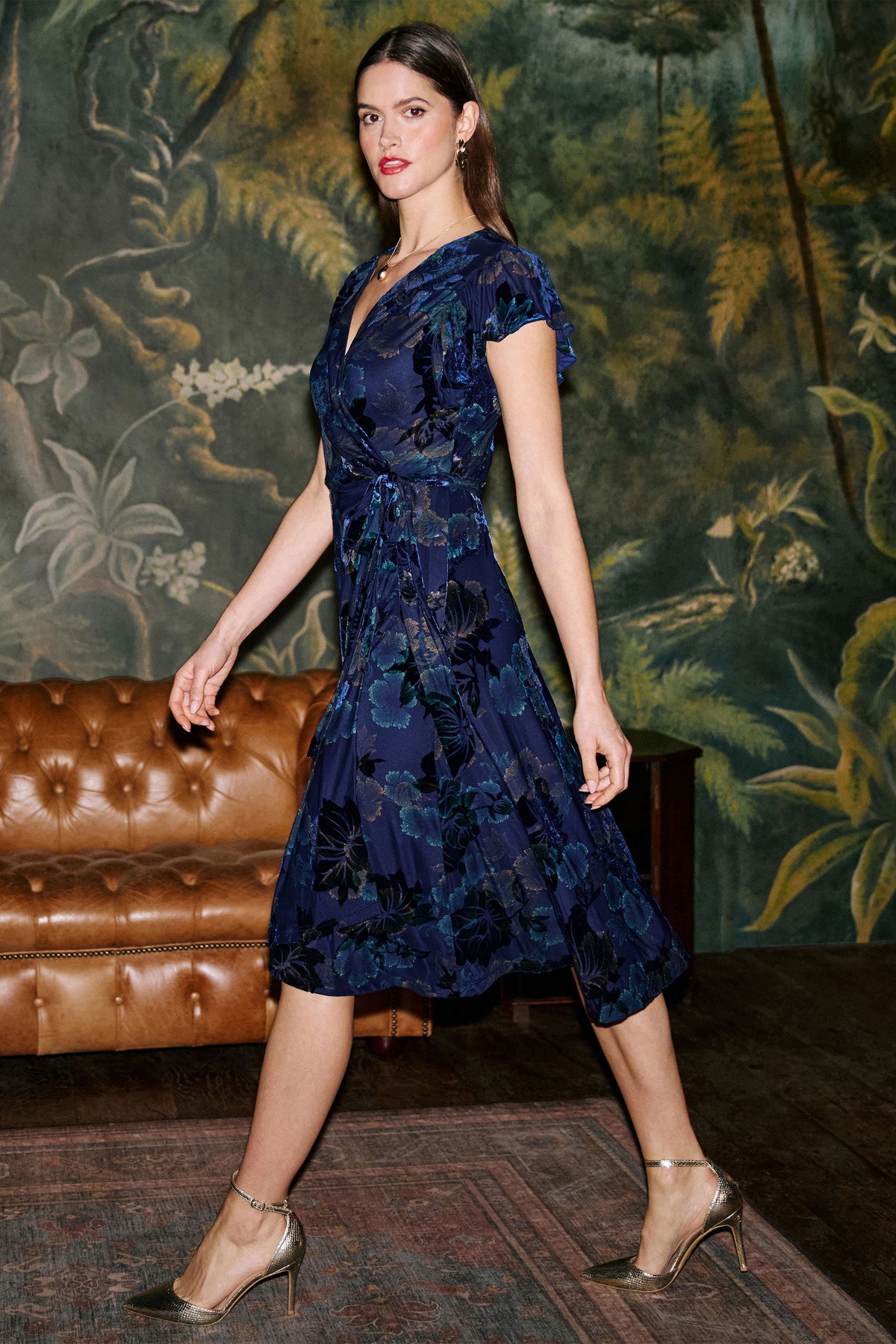 Yumi Women’s Blue Velvet Floral Wrap Midi Dress Featuring Flutter Sleeves