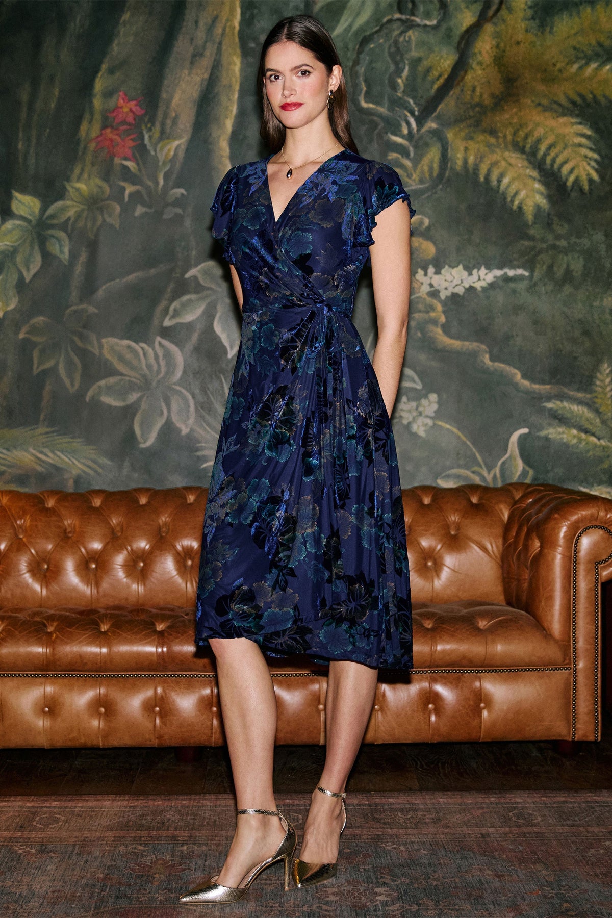 Yumi Women’s Blue Velvet Floral Wrap Midi Dress Featuring Flutter Sleeves