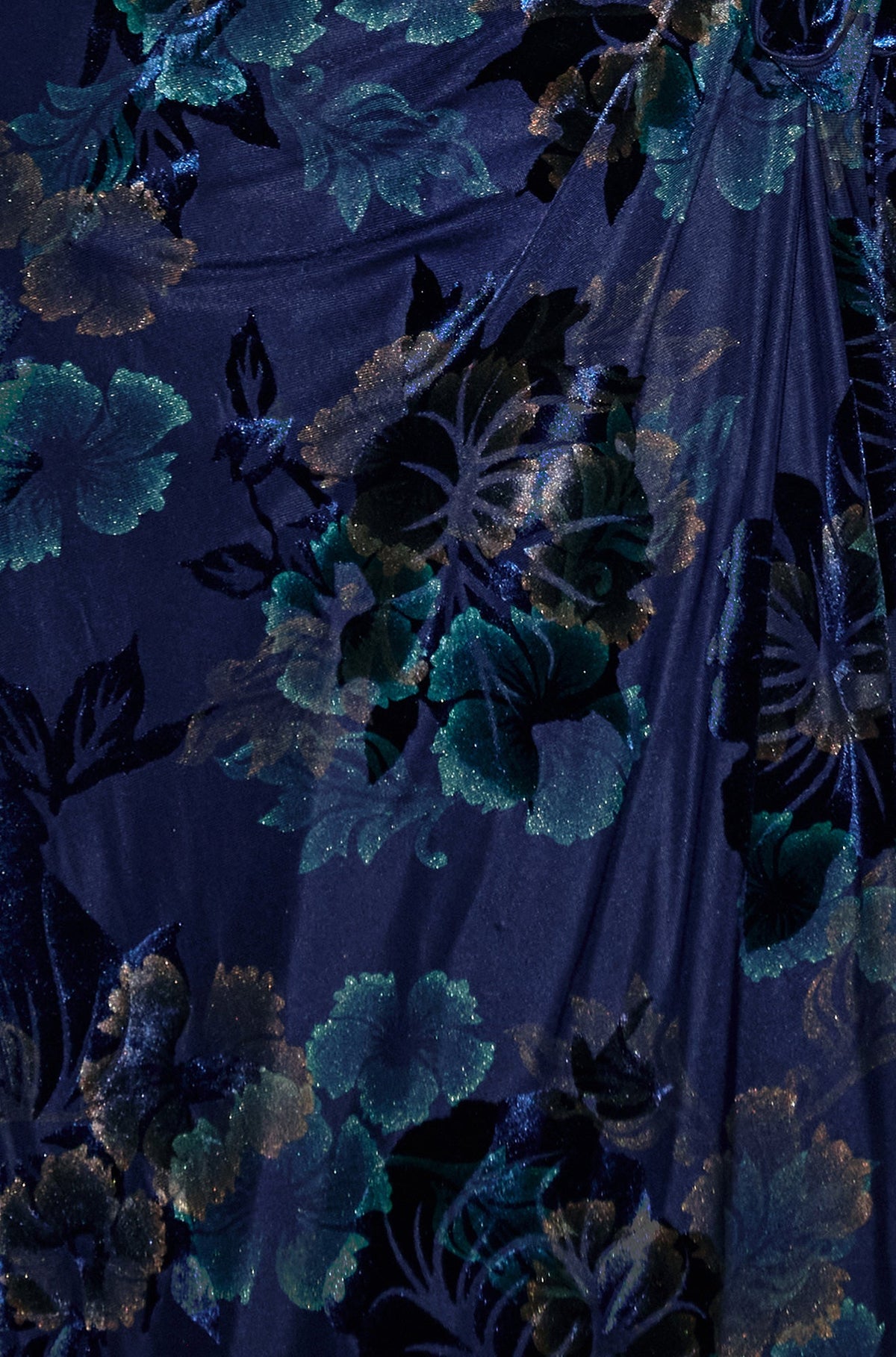 Yumi Women’s Blue Velvet Floral Wrap Midi Dress Featuring Flutter Sleeves