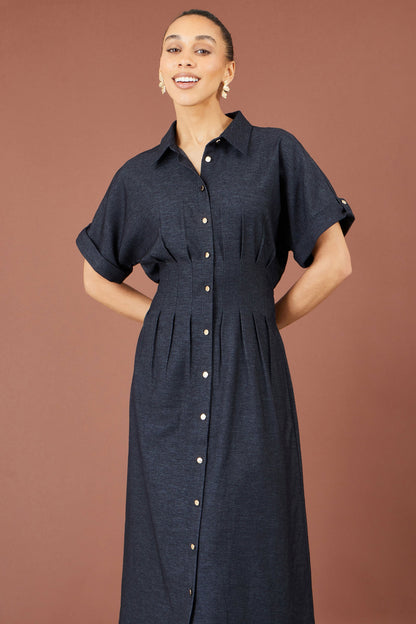 Yumi Women's Blue Pintuck Stretch Fit & Flare Midi Shirt Dress Sizes 8–24