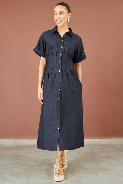 Yumi Women's Blue Pintuck Stretch Fit & Flare Midi Shirt Dress Sizes 8–24