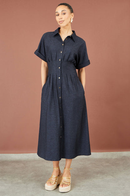 Yumi Women's Blue Pintuck Stretch Fit & Flare Midi Shirt Dress Sizes 8–24