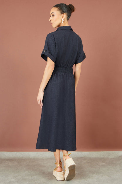 Yumi Women's Blue Pintuck Stretch Fit & Flare Midi Shirt Dress Sizes 8–24