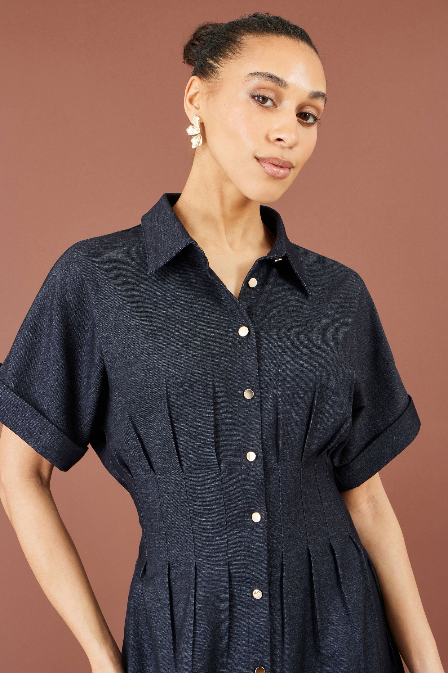 Yumi Women's Blue Pintuck Stretch Fit & Flare Midi Shirt Dress Sizes 8–24