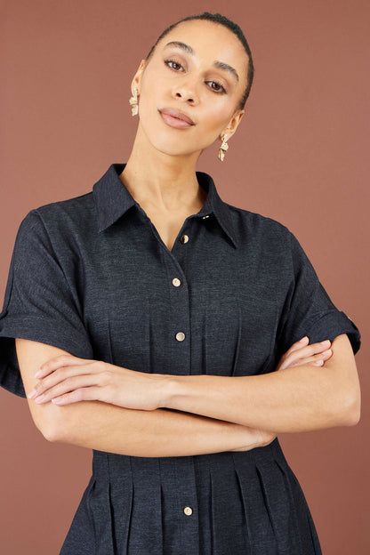 Yumi Women's Blue Pintuck Stretch Fit & Flare Midi Shirt Dress Sizes 8–24