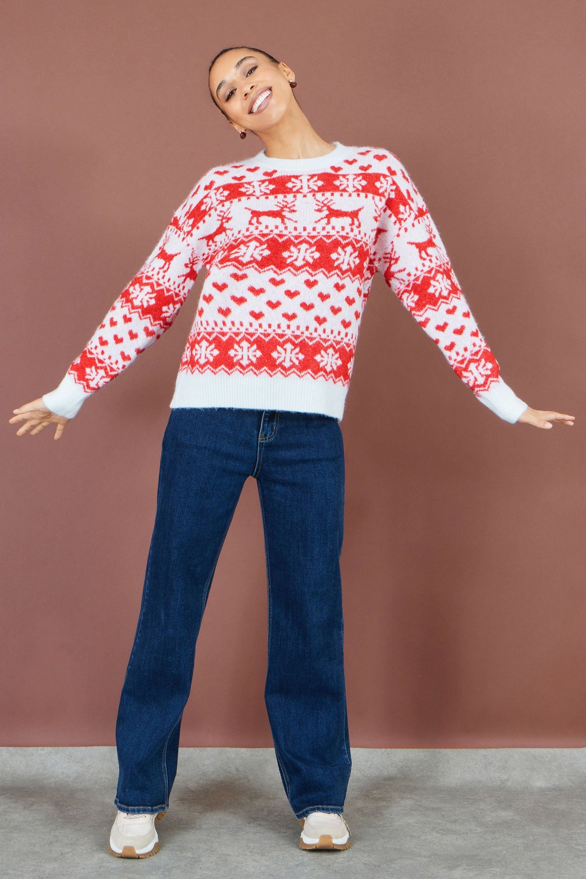 Yumi Women's Red Fairisle Christmas Jumper with Reindeer and Heart Motifs