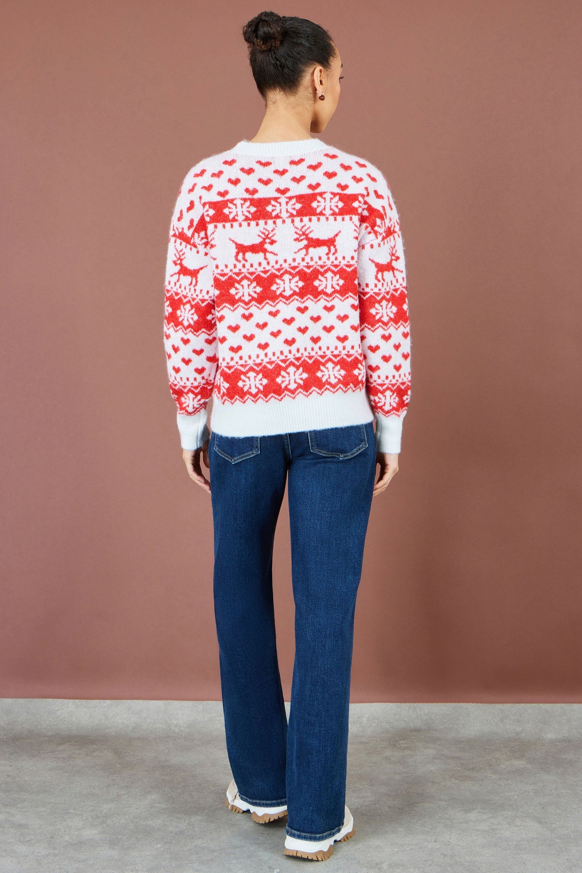 Yumi Women's Red Fairisle Christmas Jumper with Reindeer and Heart Motifs
