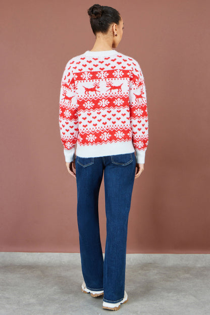 Yumi Women's Red Fairisle Christmas Jumper with Reindeer and Heart Motifs