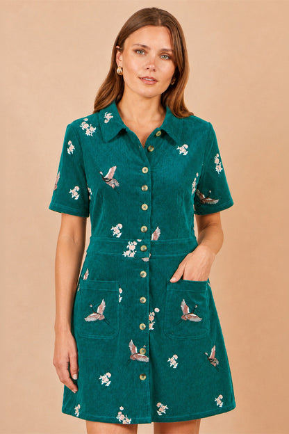 Yumi Women's Teal Crane Embroidered Shirt Dress with Button-Through Front