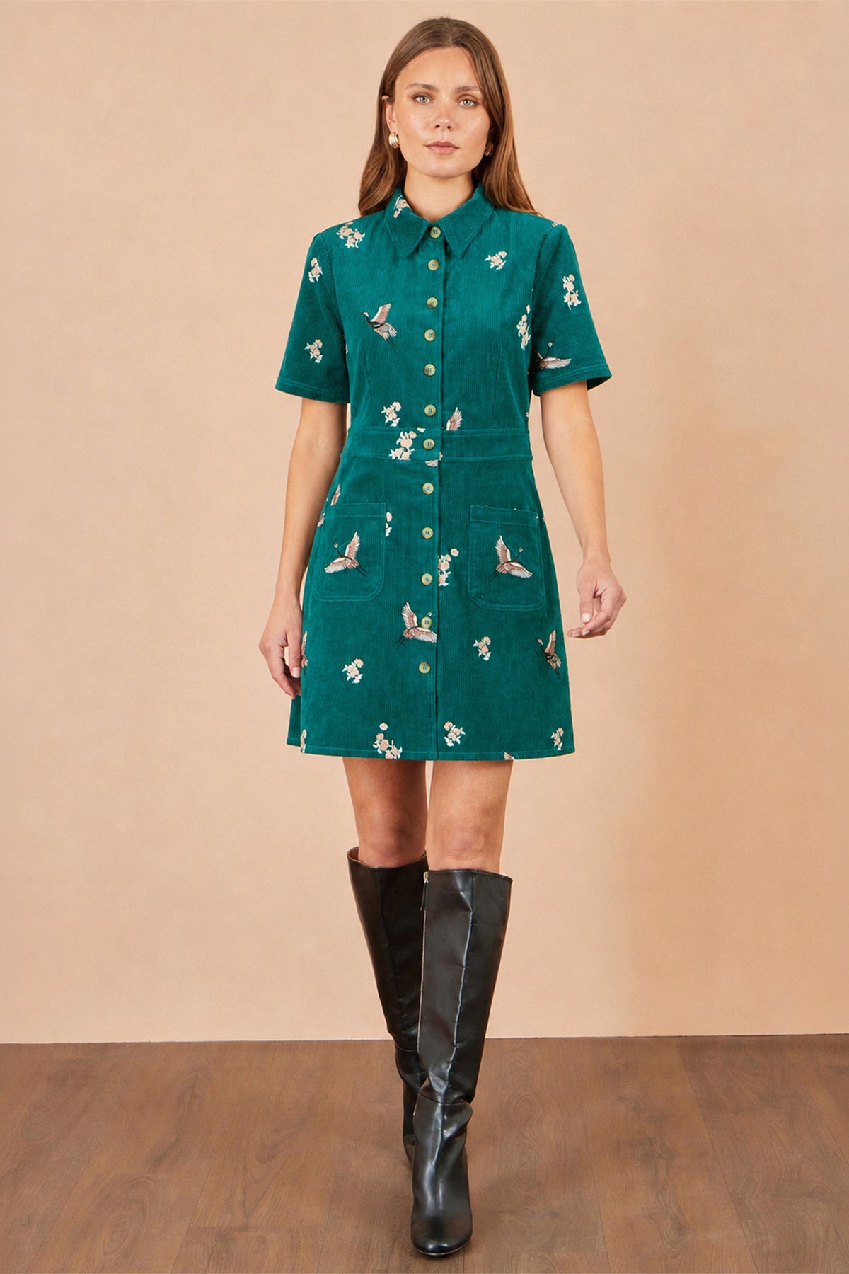 Yumi Women's Teal Crane Embroidered Shirt Dress with Button-Through Front