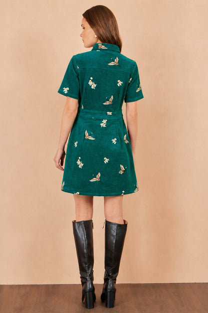 Yumi Women's Teal Crane Embroidered Shirt Dress with Button-Through Front