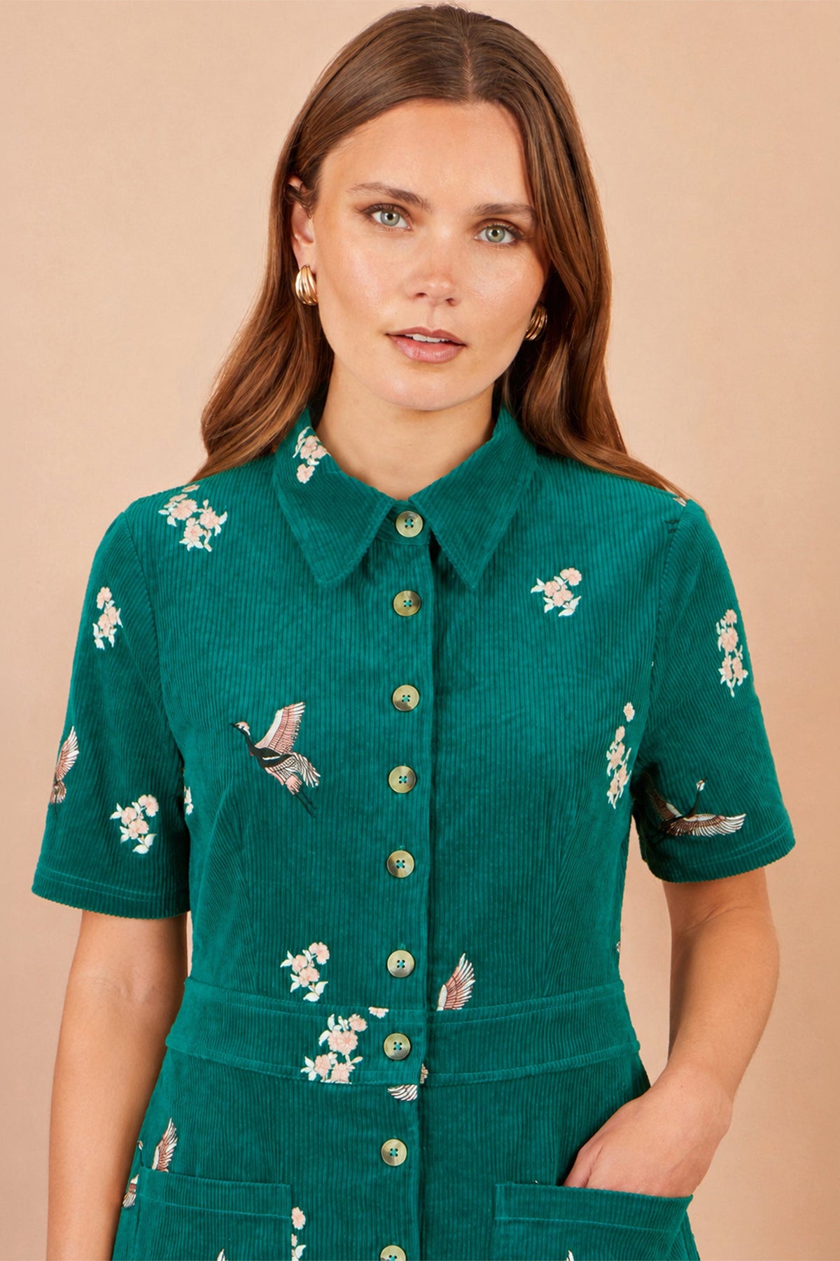Yumi Women's Teal Crane Embroidered Shirt Dress with Button-Through Front