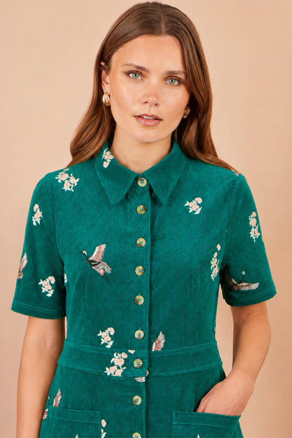 Yumi Women's Teal Crane Embroidered Shirt Dress with Button-Through Front