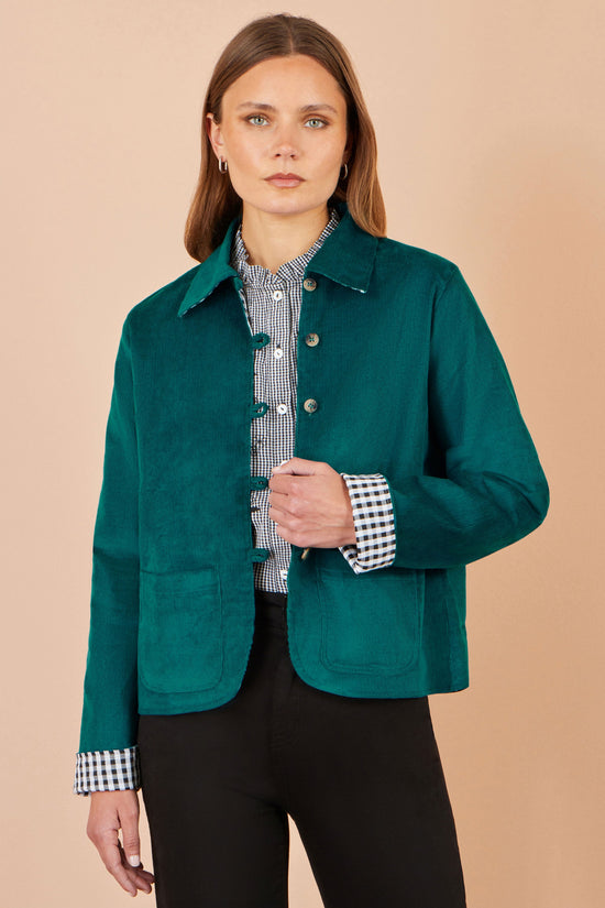 Yumi Women's Teal Corduroy Reversible Gingham Jacket with Patch Pockets