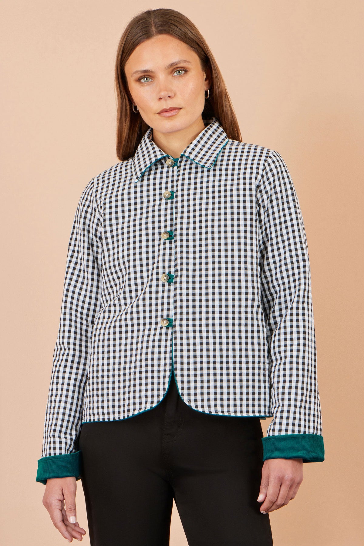 Yumi Women's Teal Corduroy Reversible Gingham Jacket with Patch Pockets