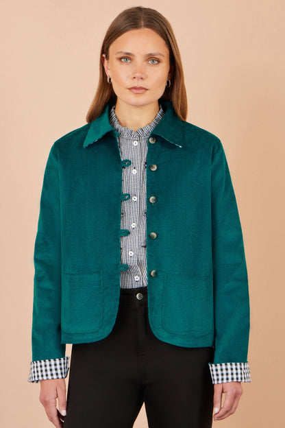 Yumi Women's Teal Corduroy Reversible Gingham Jacket with Patch Pockets