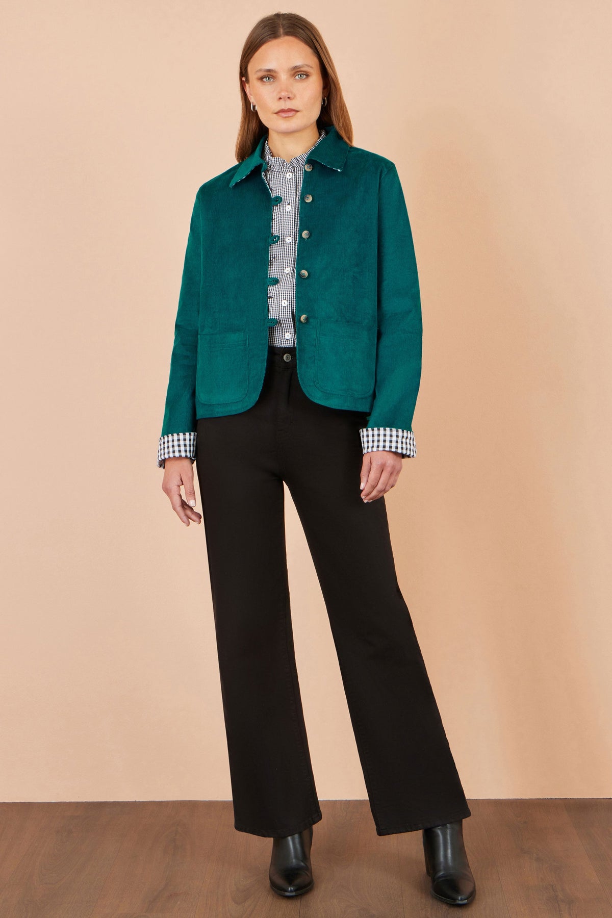 Yumi Women's Teal Corduroy Reversible Gingham Jacket with Patch Pockets