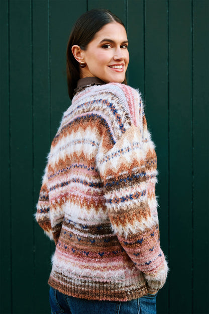 Yumi Women's Multicolour Fairisle-Inspired V-Neck Relaxed Boucle Jumper