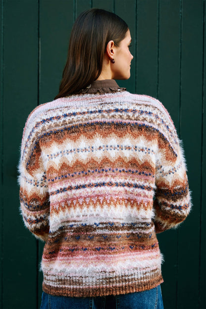 Yumi Women's Multicolour Fairisle-Inspired V-Neck Relaxed Boucle Jumper