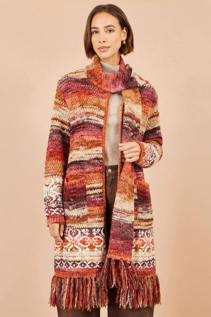 Yumi Women's Burnt Orange Boucle Longline Cardigan with Scarf and Fringe