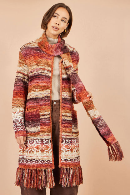 Yumi Women's Burnt Orange Boucle Longline Cardigan with Scarf and Fringe