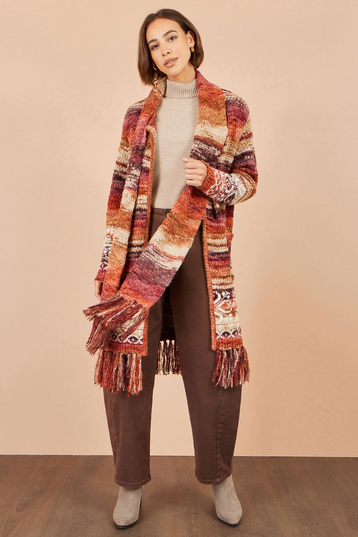 Yumi Women's Burnt Orange Boucle Longline Cardigan with Scarf and Fringe