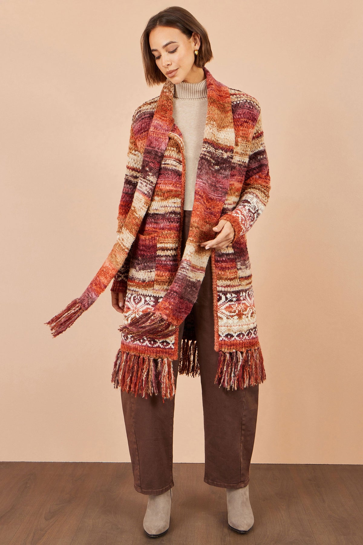 Yumi Women's Burnt Orange Boucle Longline Cardigan with Scarf and Fringe