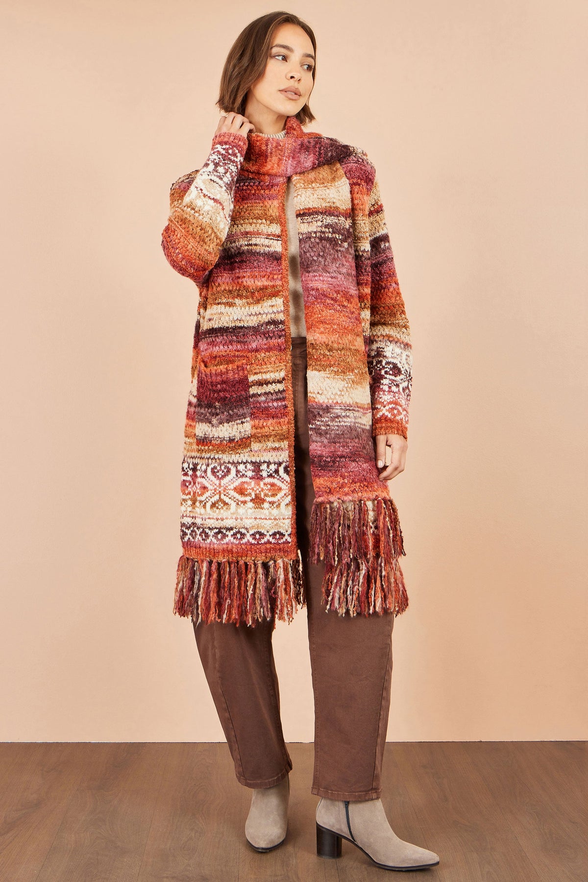 Yumi Women's Burnt Orange Boucle Longline Cardigan with Scarf and Fringe