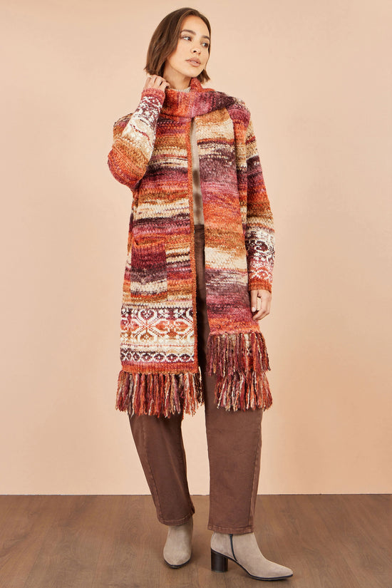 Yumi Women's Burnt Orange Boucle Longline Cardigan with Scarf and Fringe