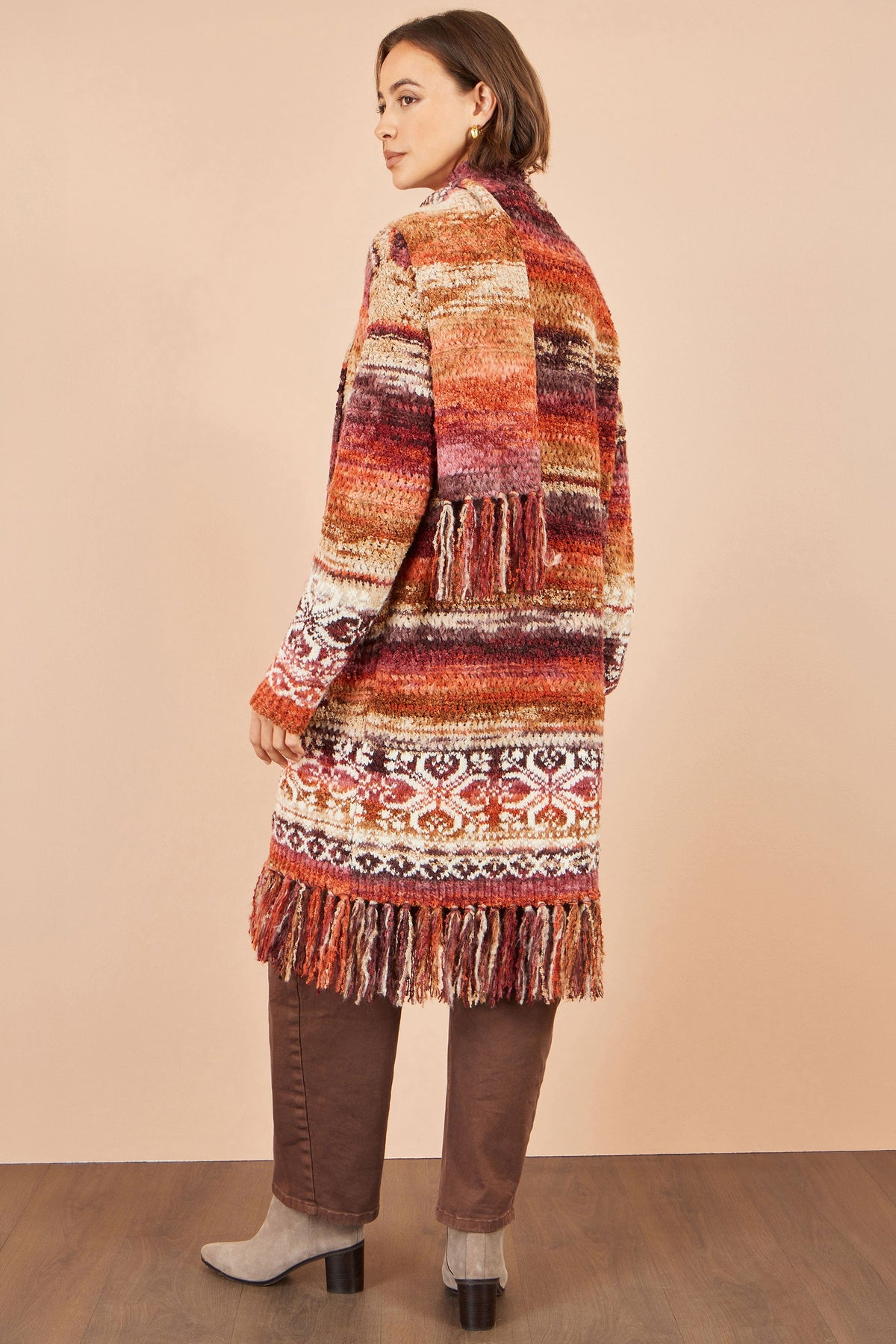 Yumi Women's Burnt Orange Boucle Longline Cardigan with Scarf and Fringe