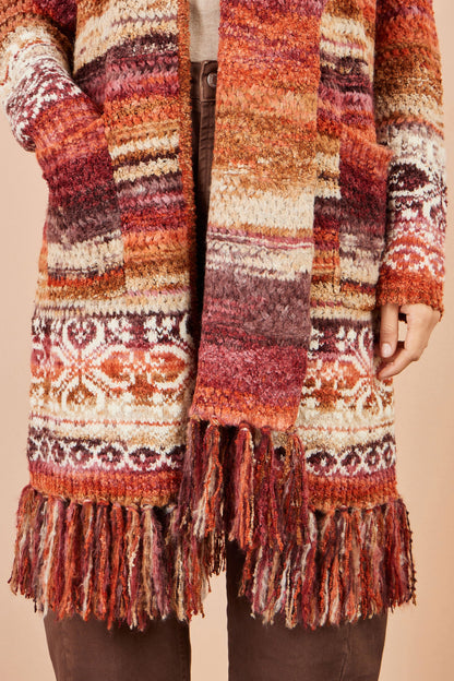 Yumi Women's Burnt Orange Boucle Longline Cardigan with Scarf and Fringe