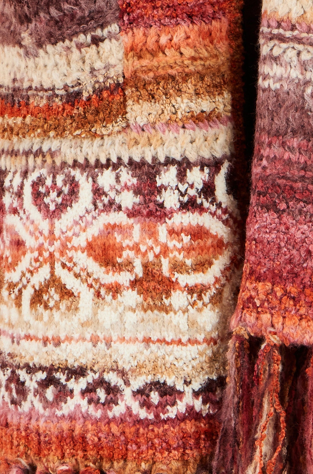 Yumi Women's Burnt Orange Boucle Longline Cardigan with Scarf and Fringe