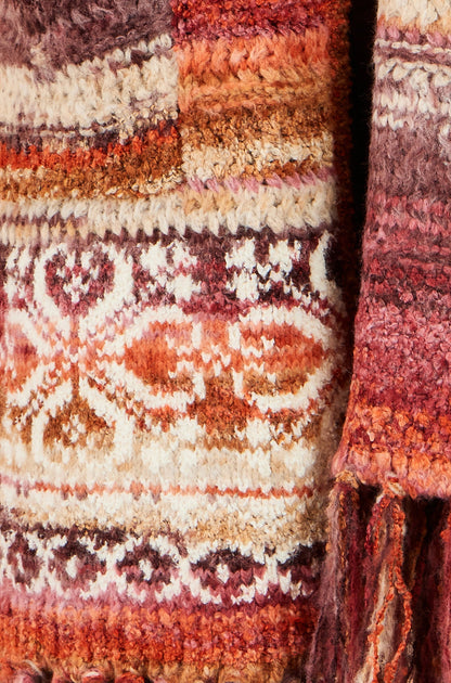 Yumi Women's Burnt Orange Boucle Longline Cardigan with Scarf and Fringe