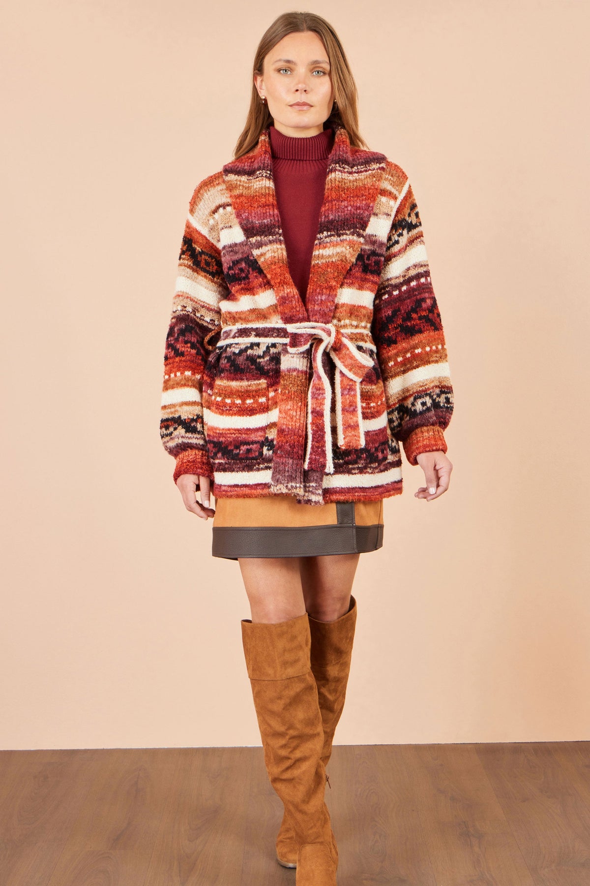 Yumi Women's Burnt Orange Fairisle-Inspired Open-Front Longline Cardigan