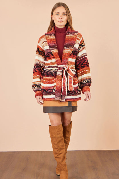 Yumi Women's Burnt Orange Fairisle-Inspired Open-Front Longline Cardigan