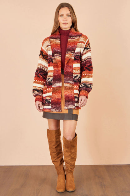 Yumi Women's Burnt Orange Fairisle-Inspired Open-Front Longline Cardigan
