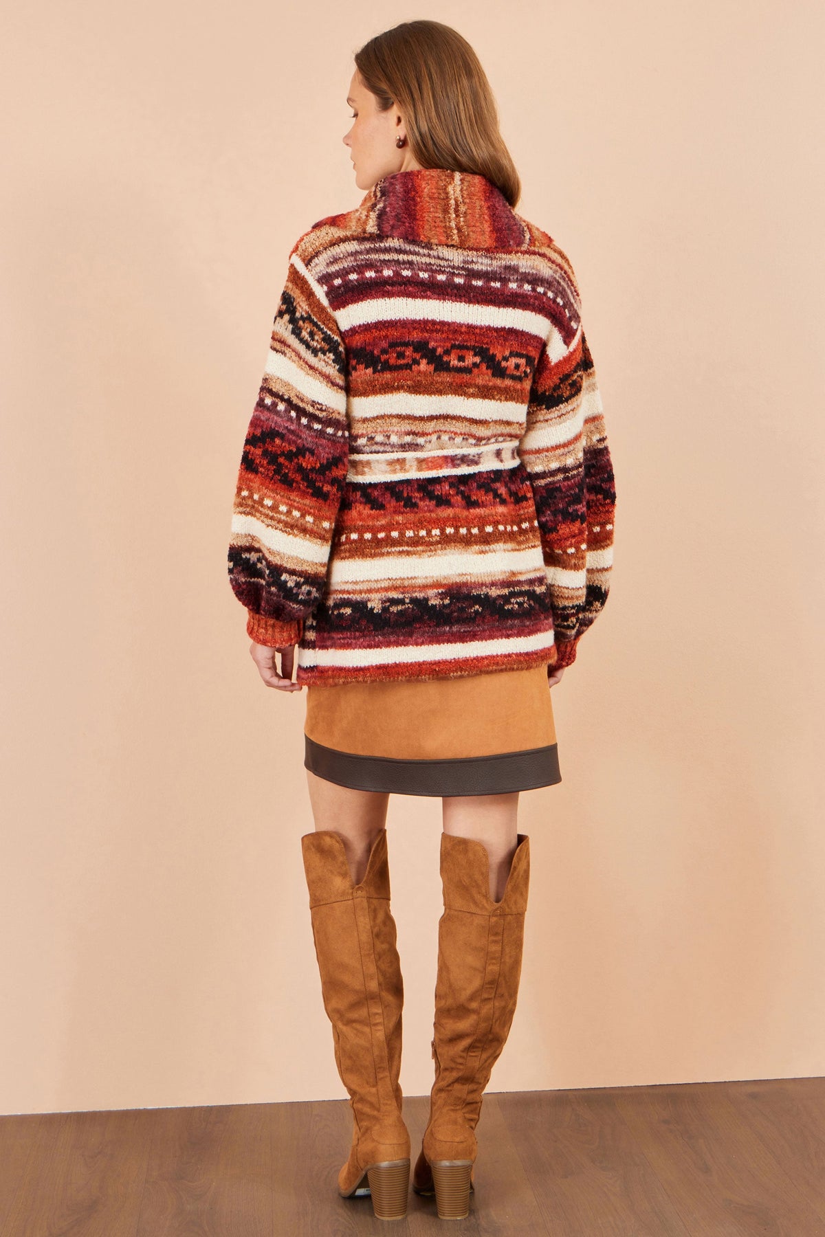 Yumi Women's Burnt Orange Fairisle-Inspired Open-Front Longline Cardigan