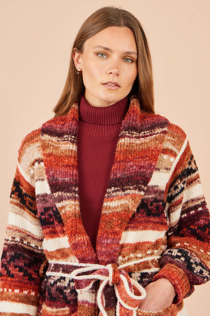 Yumi Women's Burnt Orange Fairisle-Inspired Open-Front Longline Cardigan